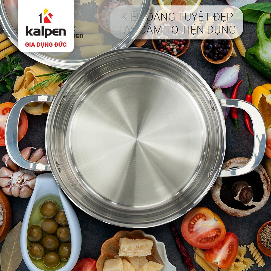 Nồi Inox 304 thân đáy đúc liền 3 lớp Kalpen Kazler 24cm dung tích 6.5L, đáy từ, vung kính chuẩn Đức - Hàng chính hãng