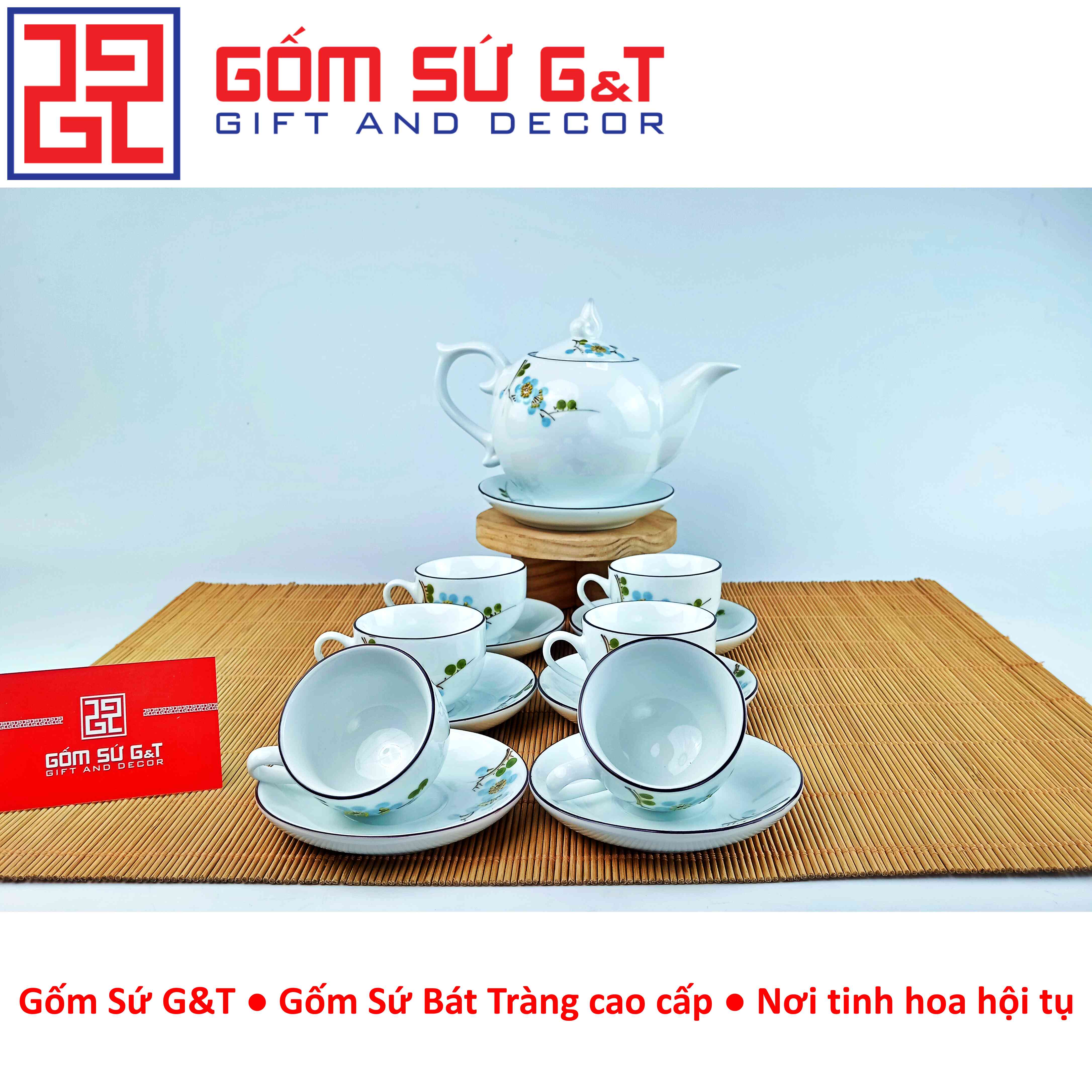 Bộ trà chóp lửa vẽ hoa đào xanh Gốm sứ G&T