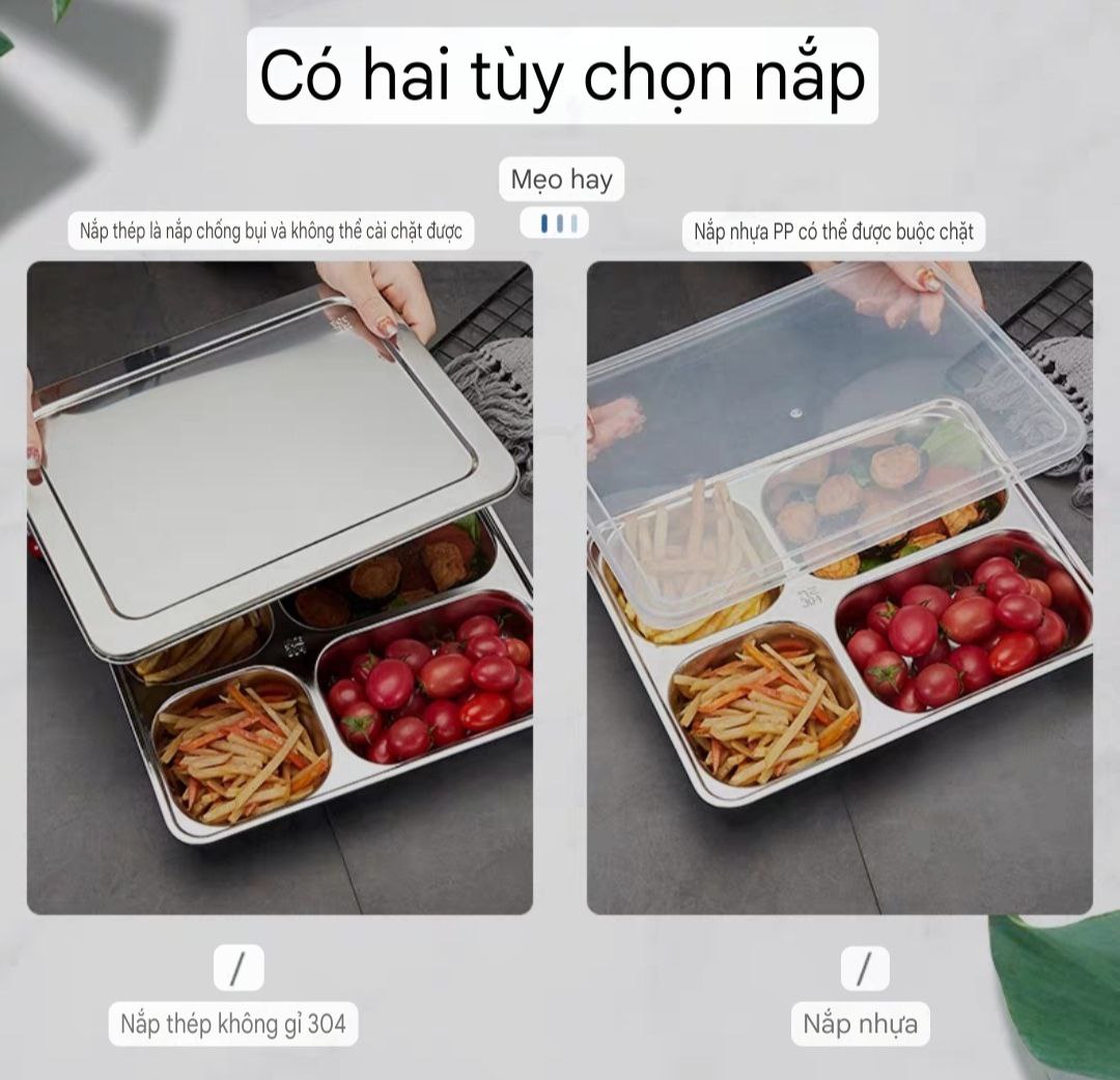 Khay Đựng Cơm Thức Ăn Inox 5 Ngăn Và 4 Ngăn sâu lòng - Khay Cơm Inox 304 ( Tùy Chọn Nắp Khay )