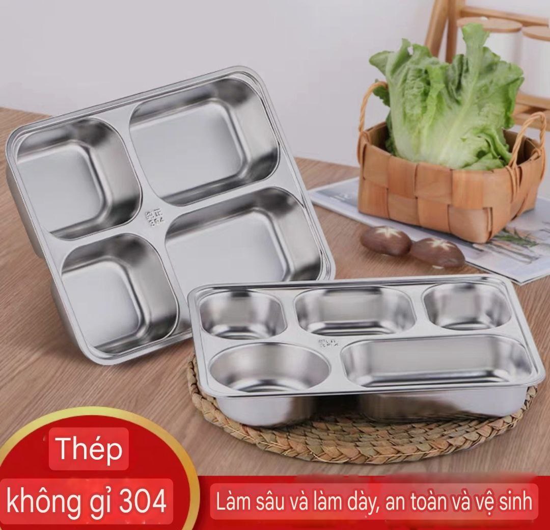 Khay Đựng Cơm Thức Ăn Inox 5 Ngăn Và 4 Ngăn sâu lòng - Khay Cơm Inox 304 ( Tùy Chọn Nắp Khay )