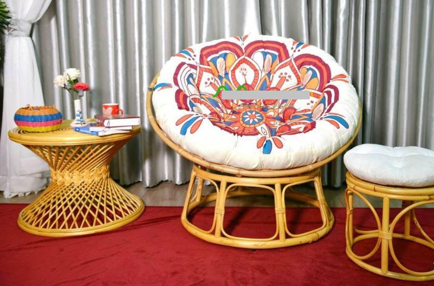 Ghế mặt trăng Papasan mây thật cao cấp Juno Sofa size 1m, Nệm hoa văn Indochine