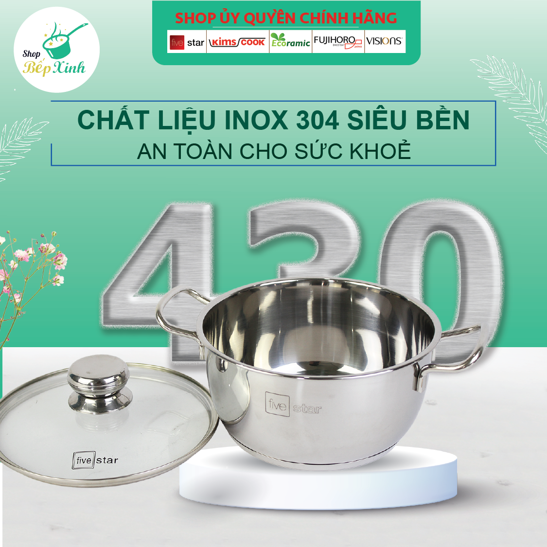 Bộ nồi inox FIVESTAR 6 chiếc nắp kính 3 đáy dùng được bếp từ ,hồng ngoại , gas