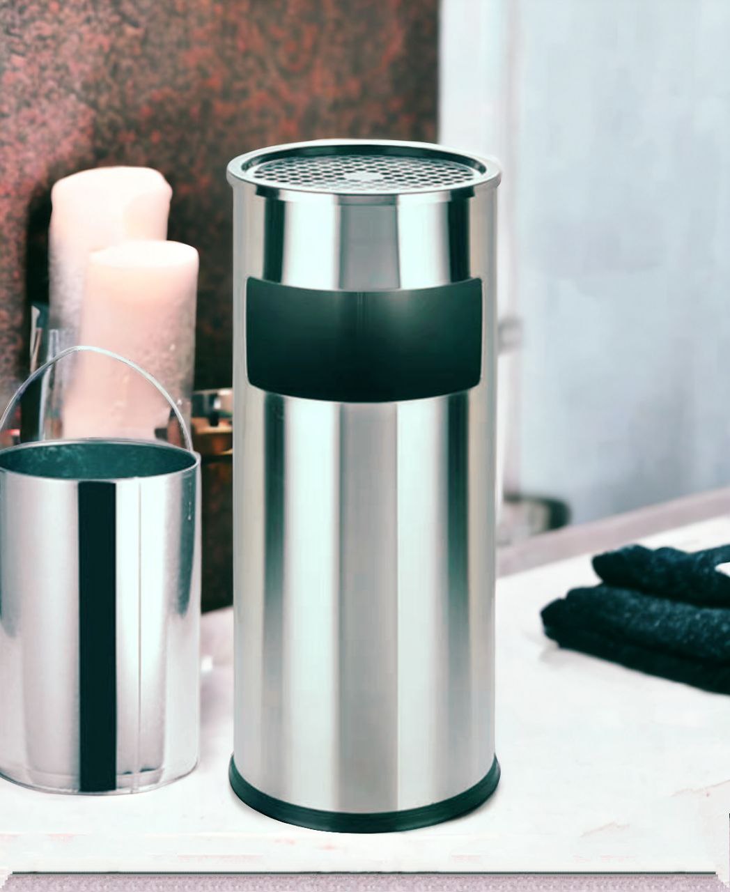 Thùng rác inox tròn, thùng rác inox gạt tàn tròn A - 035 cao cấp