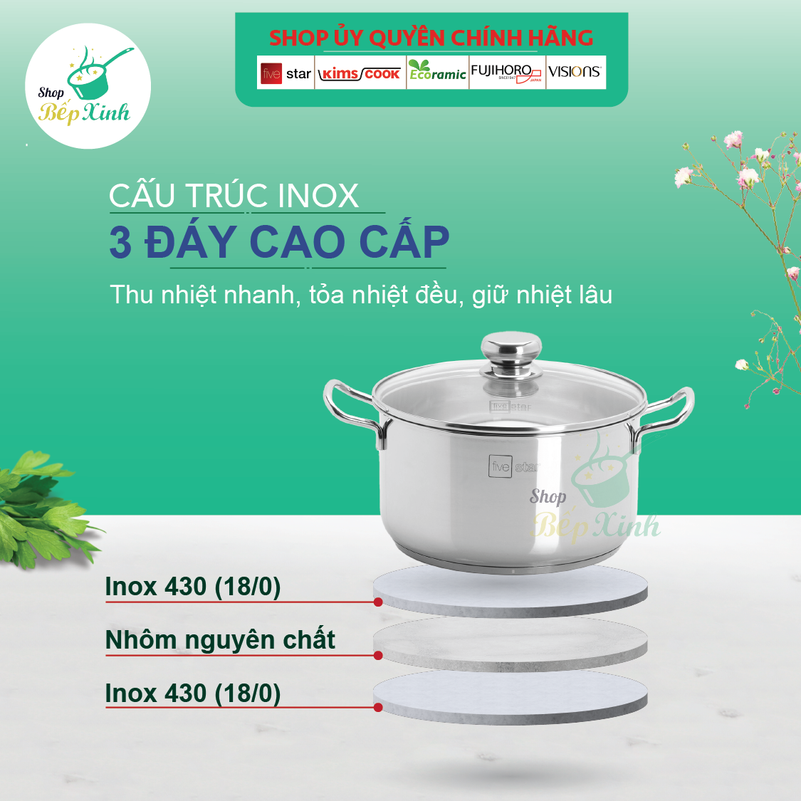 Nồi Inox 430 Bếp Từ 3 Đáy Nắp Kính Fivestar Tặng 5 Muỗng Ăn (24cm)