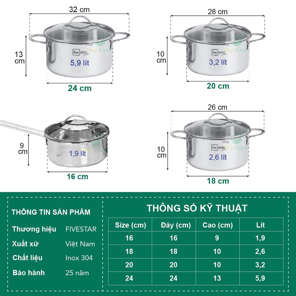 Bộ nồi 3 lớp đáy liền inox 304 Fivestar Plus quai oval nắp kính (1quánh16cm x 1nồi 18cm x 1nồi 20cm x 1nồi 24cm)