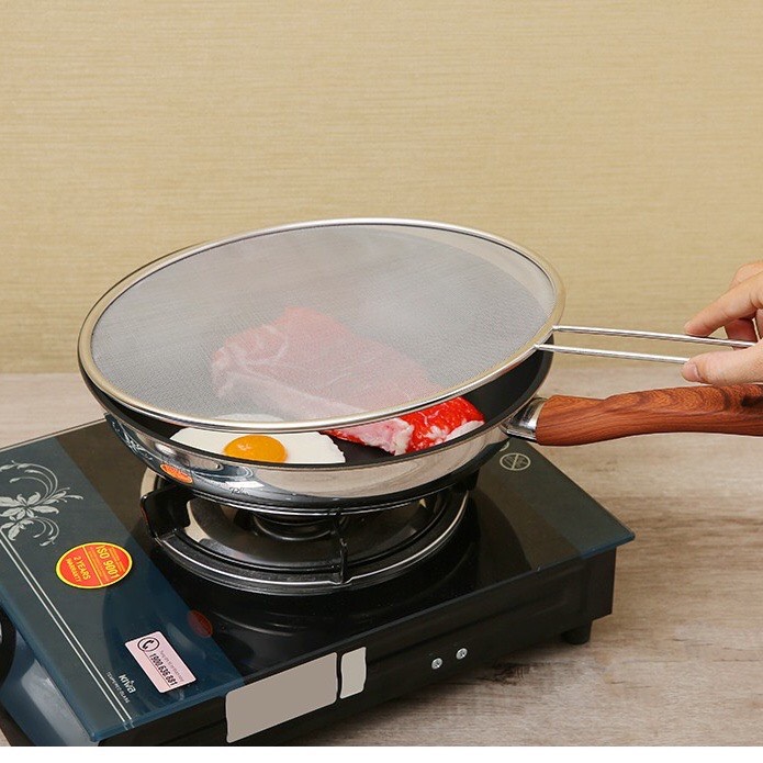 Lưới đậy chảo chống văng dầu mỡ inox có tay cầm 29cm, nắp lưới ngăn bỏng bắn dầu mỡ khi chiên rán