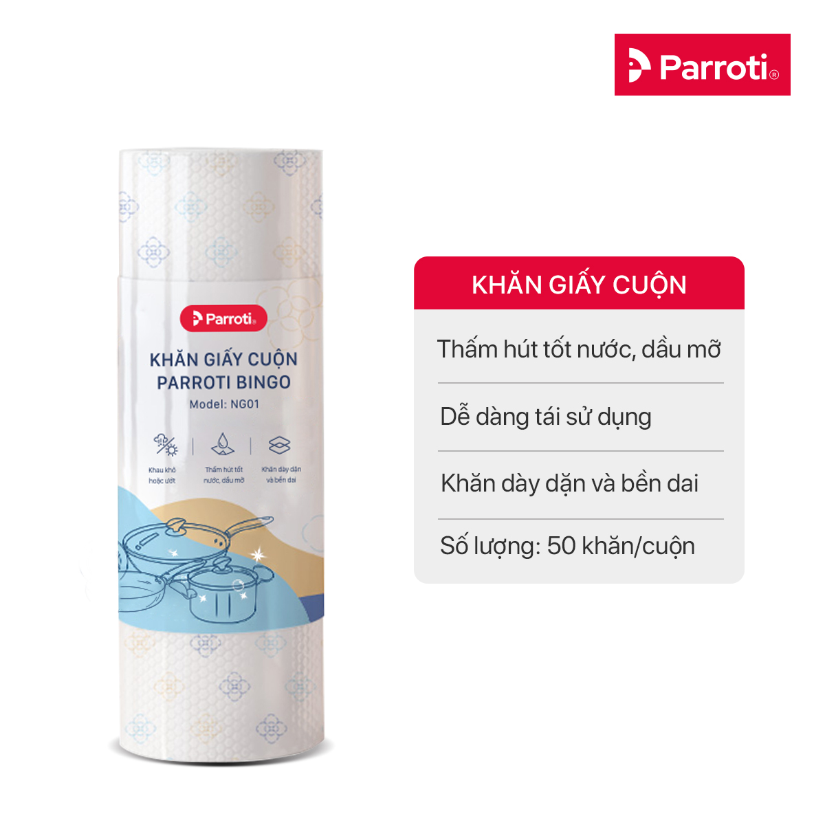 Khăn giấy cuộn đa năng, lau bếp, lau kính, chén bát, lau tay (50 khăn/cuộn, 25cm x25cm) - Parroti Bingo NG01