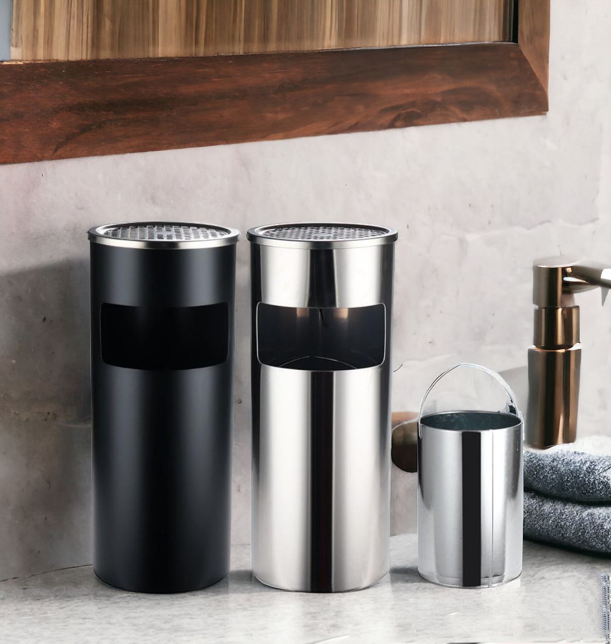 Thùng rác inox tròn, thùng rác inox gạt tàn tròn A - 035 cao cấp