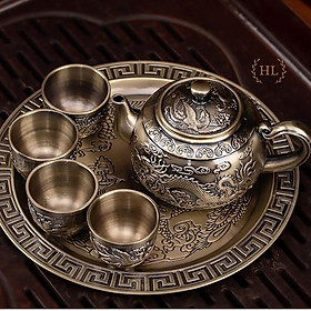 Bộ ấm trà đồng Long Phụng Sum Vầy | Bộ ấm trà 4 -6 ly cao cấp hoa văn họa tiết Long Phụng phú quý đại cát