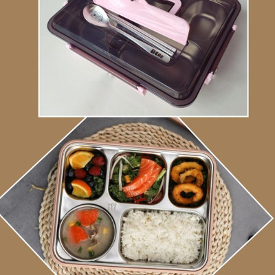 Hộp Cơm Văn Phòng 5 Ngăn Inox 304 Giữ Nhiệt Chống Tràn Có Giá Điện Thoại Tặng Thìa Đũa Cao Cấp- Hàng Chính Hãng MINIIN