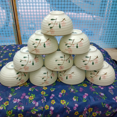 Bộ 10 bát con ăn cơm vẽ hoa đào đỏ gốm sứ Bát Tràng