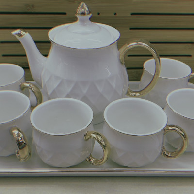 Bộ ắm chén pha trà kèm khay sứ camelia trắng vân caro - ANTH468