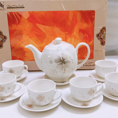 BỘ ẤM CHÉN PHA TRÀ GỒM 6 CỐC 7 ĐĨA SỨ TRẮNG HOA ÁNH BẠC -ANTH251 ( GIAO NGẪU NHIÊN )