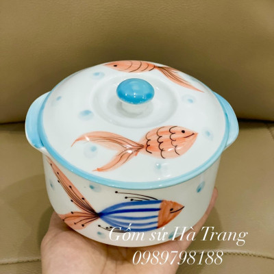 Thố chưng yến gốm sứ Bát Tràng cao cấp vẽ tay hoạ tiết cá dung tích 600ml