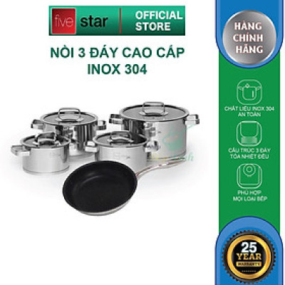 Bộ nồi và chảo chống dính vân đá inox 304 cao cấp Fivestar Plus 5 món nắp kính