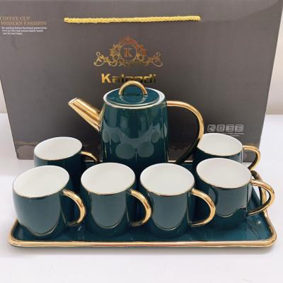 Bộ ấm chén kèm khay sứ sương  Kalandi  phong cách Châu Âu sang trọng màu xanh cổ vịt - ANTH477