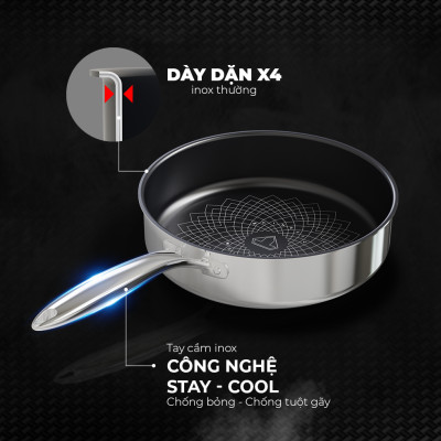 Chảo inox 3 lớp liền đáy chống dính Ultra Titanium Sunhouse STI18-26M - Hàng chính hãng