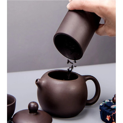 Bộ Bình Trà Tử Sa Mini Có Túi Đựng Đi Du Lịch Tiện Lợi Thích Hợp 2 - 4 Người Dùng Gồm 1 Ấm Trà, 4 Tách, 1 Bình Đựng Trà - Hàng chính hãng 