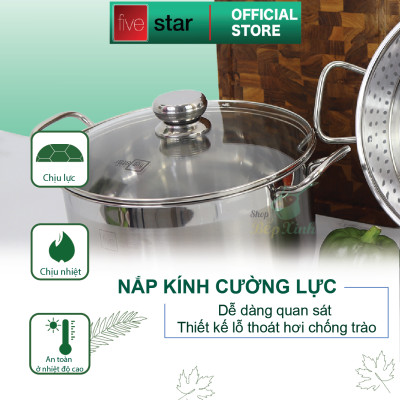 Bộ xửng hấp 3 đáy inox 430 FiveStar Standard bếp từ nắp kính tặng 10 muỗng ăn ( 26cm/28cm/30cm )