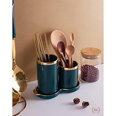 Hũ sứ đựng đũa có khay hứng nước đế liền | ỐNG ĐŨA 2 KẺ VÀNG KIM PHONG CÁCH RETRO 2022