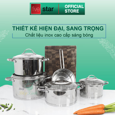 Bộ nồi chảo chống dính cao cấp Fivestar 6 món 3 đáy từ nắp kính ( tặng bộ sạn dừa 4 món )