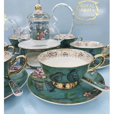 Bộ ấm chén kèm 6 đĩa lót tách pha trà hoa thủy tinh kết hợp gốm sứ xương cao cấp có đế đun và thìa hoa xanh và chim