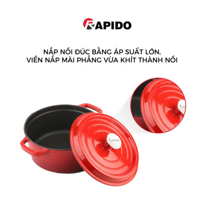 Nồi gang đúc tráng men Rapido cao cấp size 24cm phù hợp mọi loại bếp gia đình - Hàng chính hãng