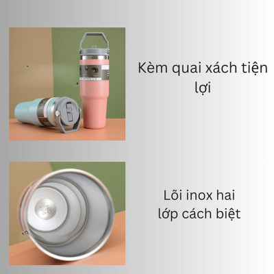 Ly Giữ Nhiệt Cốc Giữ Nhiệt Kèm Ống Hút 900ml Nắp Dạng Xoay, Bình Nước Giữ Nhiệt 900ml