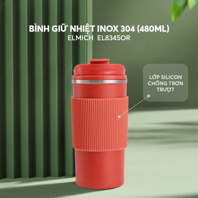 Ly giữ nhiệt inox 304 Elmich EL8345 480ml, Hàng chính hãng, lớp silicone chống trượt - JoyMall