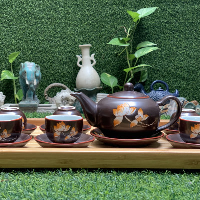 Bộ ấm trà lông đào vẽ sen