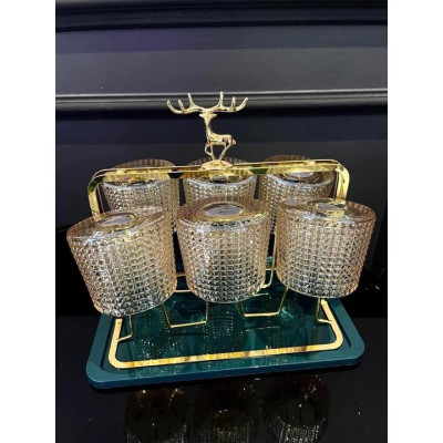 BỘ 6 CỐC THỦY TINH ĐẾ LỒI XOAY 360 ĐỘ PHONG CÁCH CHÂU ÂU SANG TRỌNG MÀU VÀNG GOLD ( HỌA TIẾT GIAO NGẪU NHIÊN )