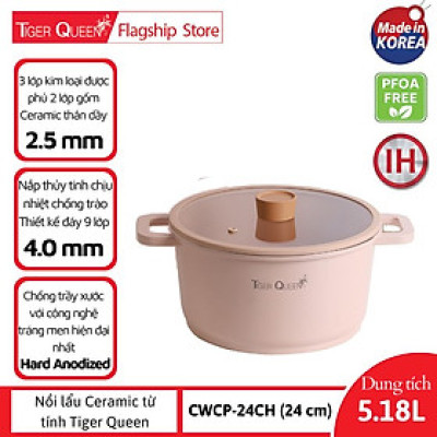 Nồi hầm Ceramic từ tính cao cấp hiệu Tiger Queen CWCP-24CH - Màu hồng hoa anh đào [24cm - 5.18L] - Chính hãng