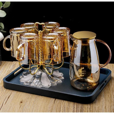 Sét bình đựng nước uống thuỷ tinh chịu nhiệt cao cấp có kèm khay và giá úp cốc siêu sịn, đảm bảo an toàn cho sức khoẻ