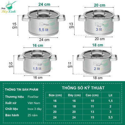 Nồi inox 304 Fivestar 3 đáy quai vuông nắp kính,dùng được bếp từ ,tặng 5 muỗng (16cm / 18cm / 20cm / 24cm )