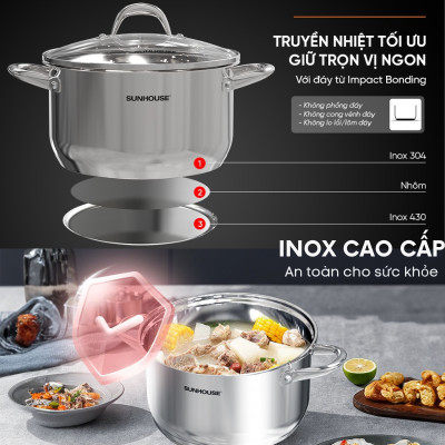 Nồi Inox 3 Đáy Sunhouse SHG301 ( Dùng cho mọi loại bếp)