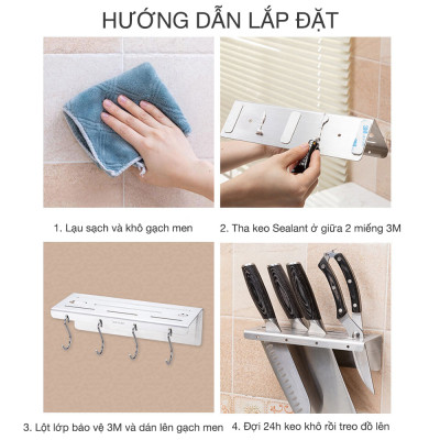 Kệ treo dao kéo Inox 304 có 4 móc treo dán tường Hobby home decor KDT