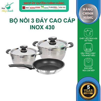 Bộ nồi chảo Fivestar 3 chiếc nắp inox 3 đáy bếp từ inox 430 quai silicon chống nóng