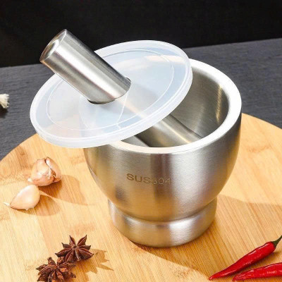 Cối Chày Inox 304 Cao Cấp , Đâm Tiêu , Giã Tỏi, Giã Cua, Có Nắp Đậy, Đế Chống Trượt , Size 10cm 