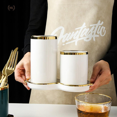 Hũ sứ đựng đũa có khay hứng nước đế liền | ỐNG ĐŨA 2 KẺ VÀNG KIM PHONG CÁCH RETRO 2022