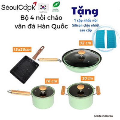 Tặng cặp nhấc nồi silicon cap cấp- Bộ nồi chảo 4 món SL1, quánh 16cm + nồi 20cm + chảo sâu lòng 32cm + chảo vuông 15x20cm đáy từ/ Induction Seoulcook Hàn Quốc, dùng được tất cả các loại bếp