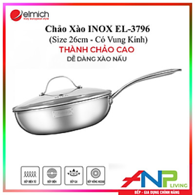 Chảo Xào Sâu Lòng 3 Lớp inox 304 Liền Đáy ELMICH TRI-MAX (EL-3796/26cm, EL-3845/24cm - Dùng Được Trên Mọi Loại Bếp) - Hàng Chính Hãng