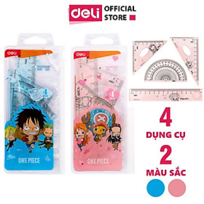 Bộ thước kẻ, thước đo độ, eke tam giác vuông học sinh Đảo Hải Tặc One Piece Deli - Bộ dụng cụ học tập 4 chiếc - Xanh hồng - EH17