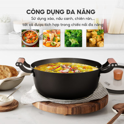 Nồi gang chống dính đa năng Lebenlang LBL2526, size 28, 5.6L, nắp kính tay cầm gỗ dùng mọi loại bếp - hàng chính hãng