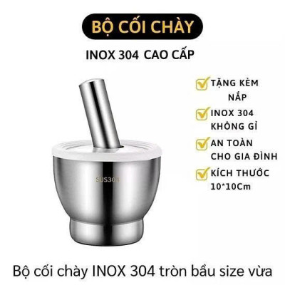 Cối Chày Inox 304 Cao Cấp , Đâm Tiêu , Giã Tỏi, Giã Cua, Có Nắp Đậy, Đế Chống Trượt , Size 10cm 