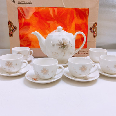 BỘ ẤM CHÉN PHA TRÀ GỒM 6 CỐC 7 ĐĨA SỨ TRẮNG HOA ÁNH BẠC -ANTH251 ( GIAO NGẪU NHIÊN )