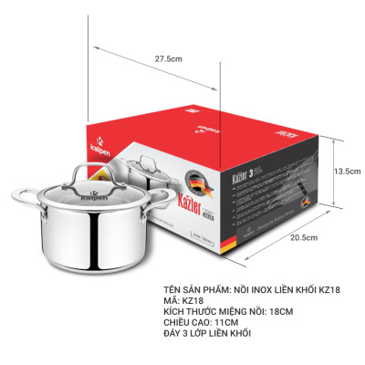 Nồi Inox 3 lớp đúc liền khối Kalpen Kazler 18cm dung tích 2.5L hàng Đức - Hàng chính hãng