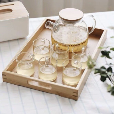 Bộ bình trà thủy tinh nắp gỗ  6 cốc kèm khay tre - ANTH591