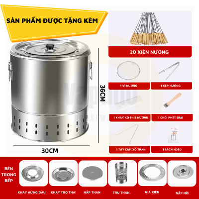 Bếp Nướng Than Không Khói, Chất Liệu Inox Cao Cấp Không Gỉ, Gọn Gàng, Tiện Lợi - Hàng Chính Hãng