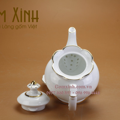 Bộ ấm chén Bát Tràng_Bộ trà Phú Quý vàng kim miệng lượn