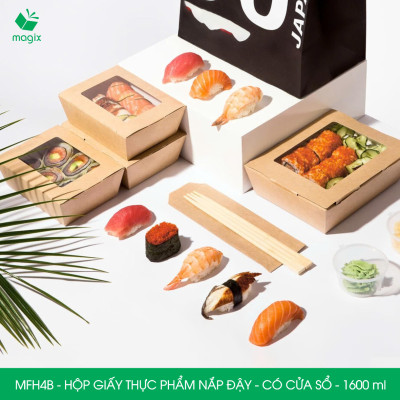 MFH4B - 1600ml - 25 hộp giấy kraft đựng thực phẩm, hộp giấy đựng thức ăn có cửa sổ, hộp đựng cơm